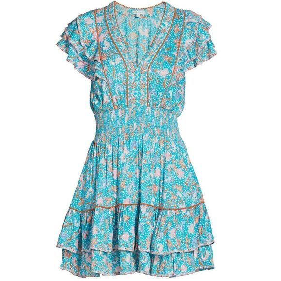 ✨NWT Poupette St Barth Camila Floral Duck Green Canary Ruffled Mini Dress - Picture 7 of 11